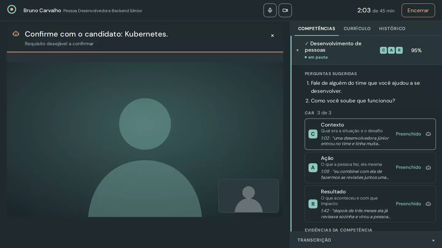 Competência aberta com Contexto, Ação e Resultado preenchidos e as falas que os sustentam