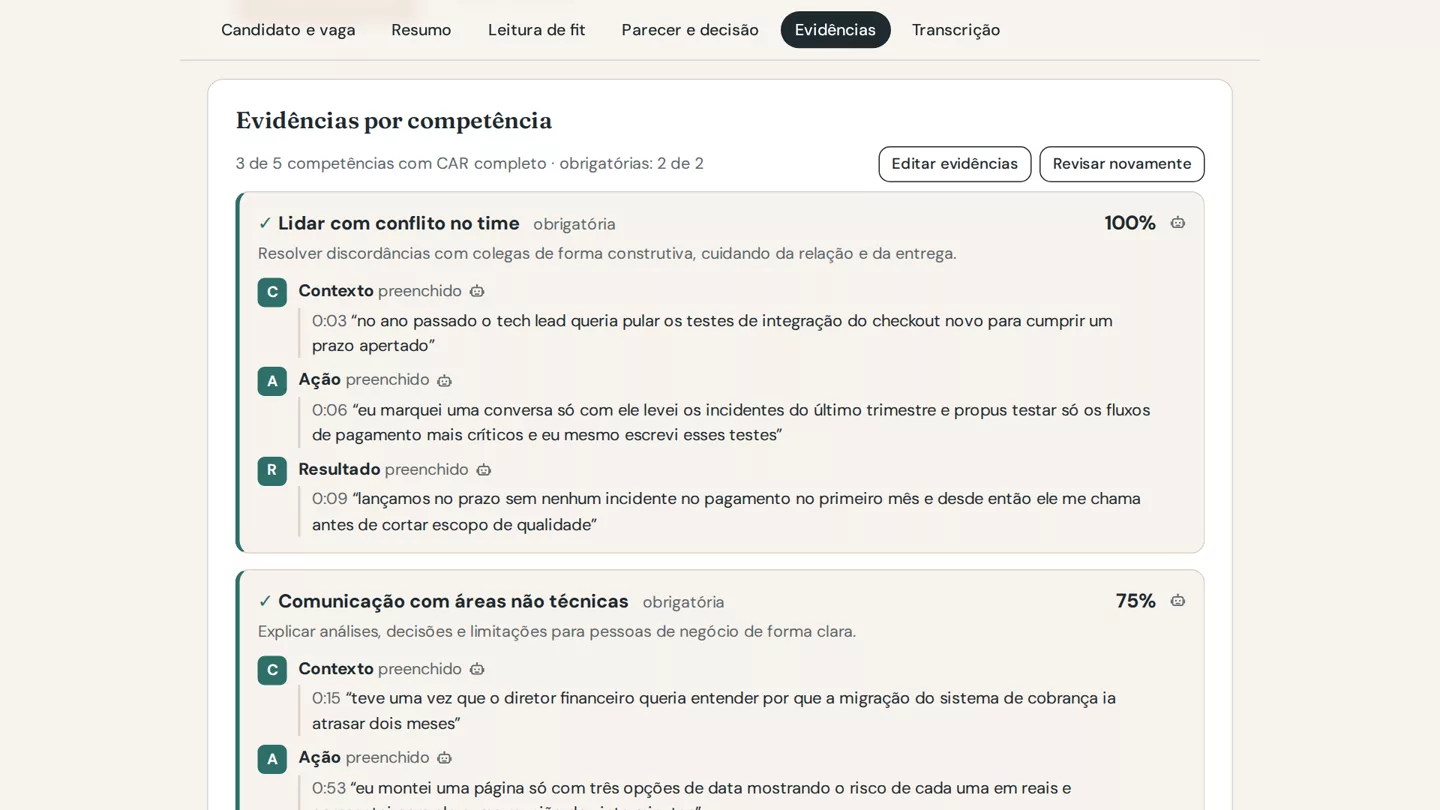 Evidências por competência com citações literais e o momento da entrevista